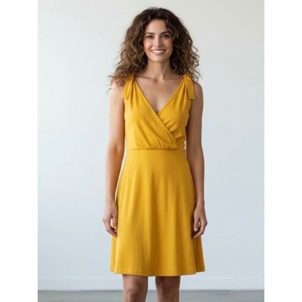 Ann Taylor Mustard Yellow Wrap Front Tie Shoulder Dress Size M NWT